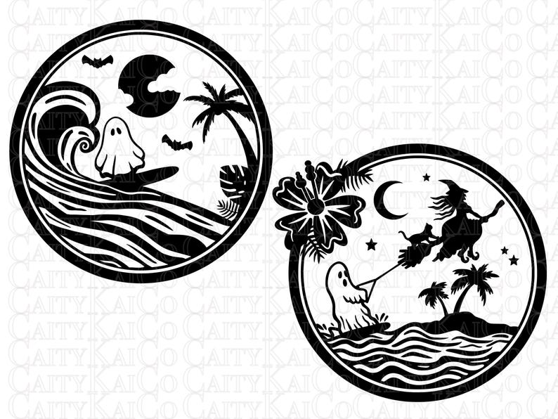 May include: Two black and white circular designs featuring a ghost surfing on a wave with a palm tree and a ghost being towed by a witch on a broomstick with a cat and palm trees.