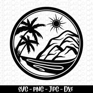 Beach SVG, palm tree svg, tropical island beach scene svg, summer cut file, dxf, png, shirt design, instant download file
