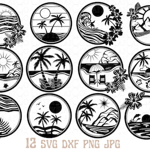 Tropische Strandszene SVG Bundle von 12, Insel Strand svg, Palmen svg, Meeresschildkröten svg, Delfin svg, dxf, png, Shirt-Design, Download-Dateien