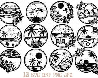 Tropical beach scene SVG bundle of 12, island beach svg, palm tree svg, sea turtle svg, dolphin svg, dxf, png, shirt designs, download files