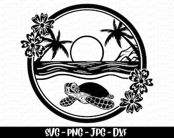 Sea turtle svg, tropical island beach scene svg, sunset palm tree beach svg, cut file, dxf, png, turtle shirt design, instant download file