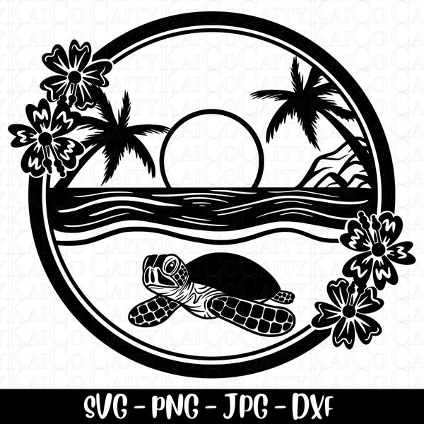 Sea turtle svg, tropical island beach scene svg, sunset palm tree beach svg, cut file, dxf, png, turtle shirt design, instant download file
