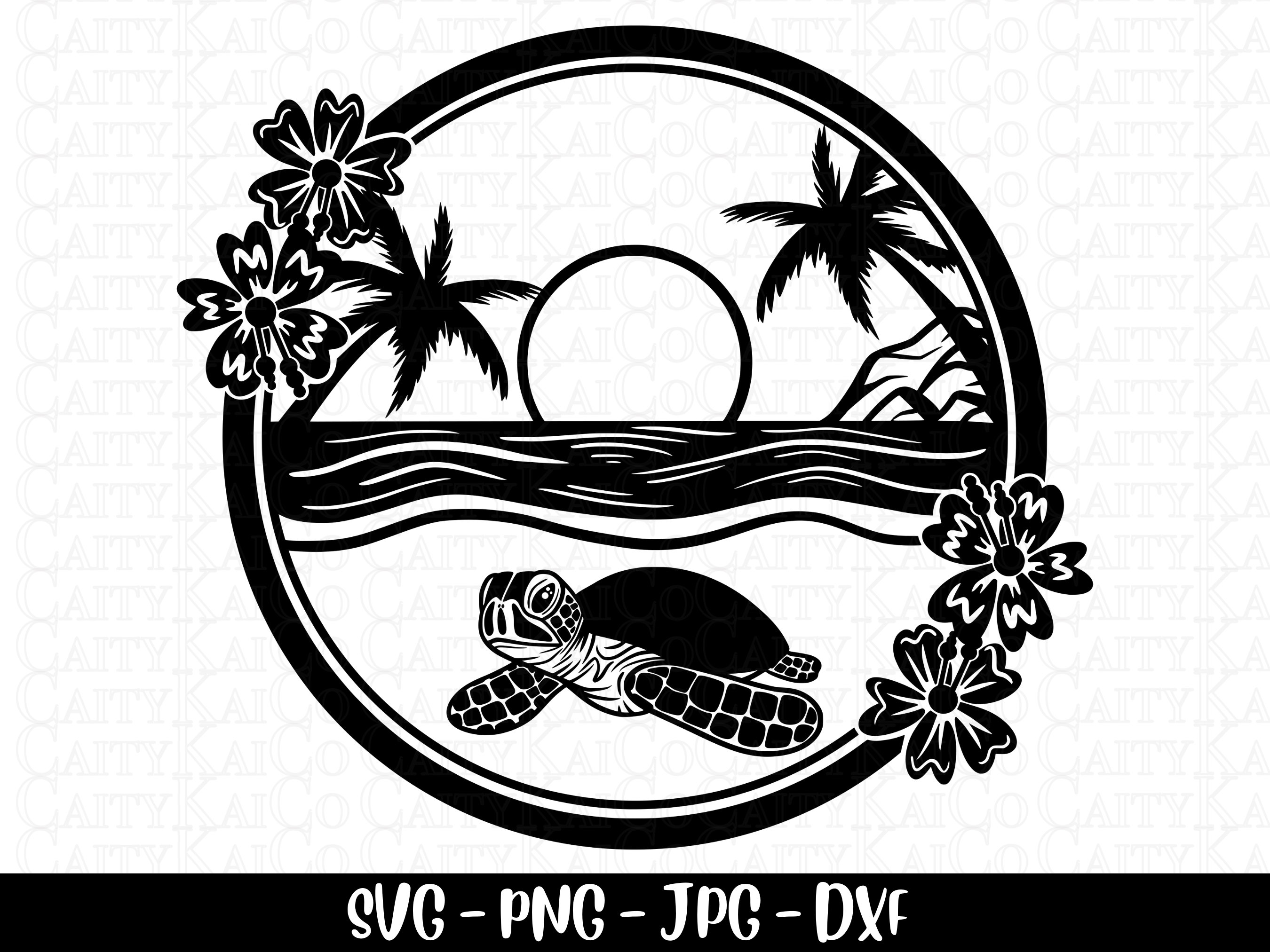 Sea Turtle Svg, Tropical Island Beach Scene Svg, Sunset Palm Tree Beach
