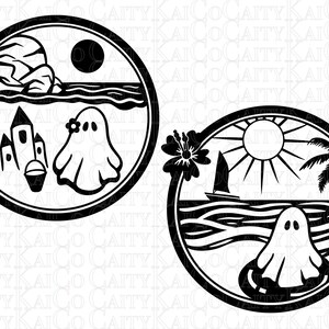 May include: Two black and white illustrations of ghosts on a beach. The first illustration shows a ghost on a beach with a sandcastle and a moon in the sky. The second illustration shows a ghost on a beach with a palm tree, a sailboat, and a sun in the sky.