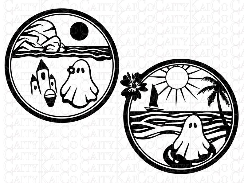 May include: Two black and white illustrations of ghosts on a beach. The first illustration shows a ghost on a beach with a sandcastle and a moon in the sky. The second illustration shows a ghost on a beach with a palm tree, a sailboat, and a sun in the sky.
