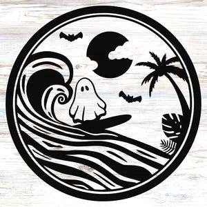 May include: Black and white illustration of a ghost surfing on a wave with a palm tree and a full moon in the background.