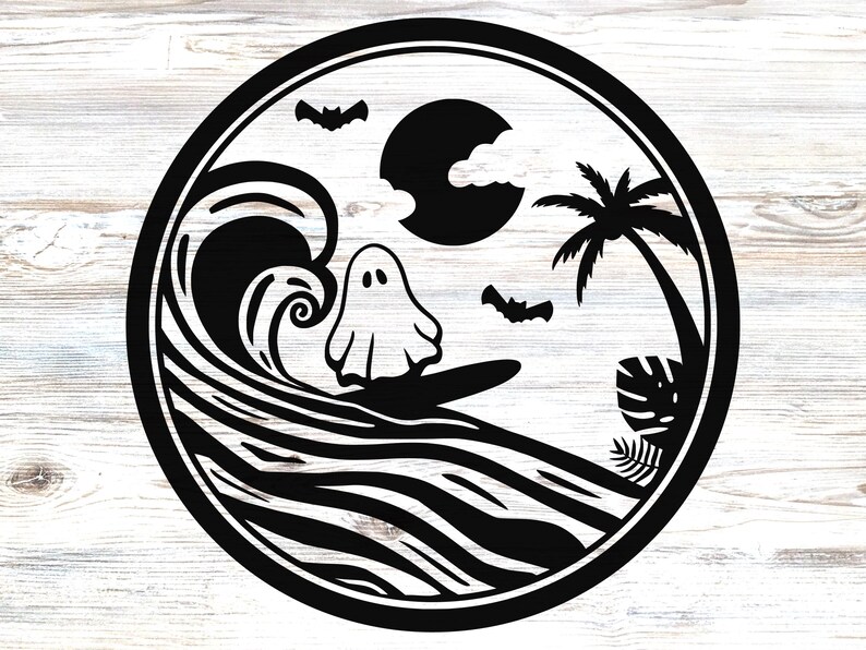 May include: Black and white illustration of a ghost surfing on a wave with a palm tree and a full moon in the background.