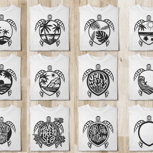 May include: Ten different designs for t-shirts featuring a black and white silhouette of a sea turtle with various beach-themed designs inside the shell. The designs include palm trees, waves, a sunset, a surfer, and text that says "Salt Water Heals Everything", "You Can Find Me In The Waves", "Feelin' Free By The Sea", and "Surf Sand Sunshine".