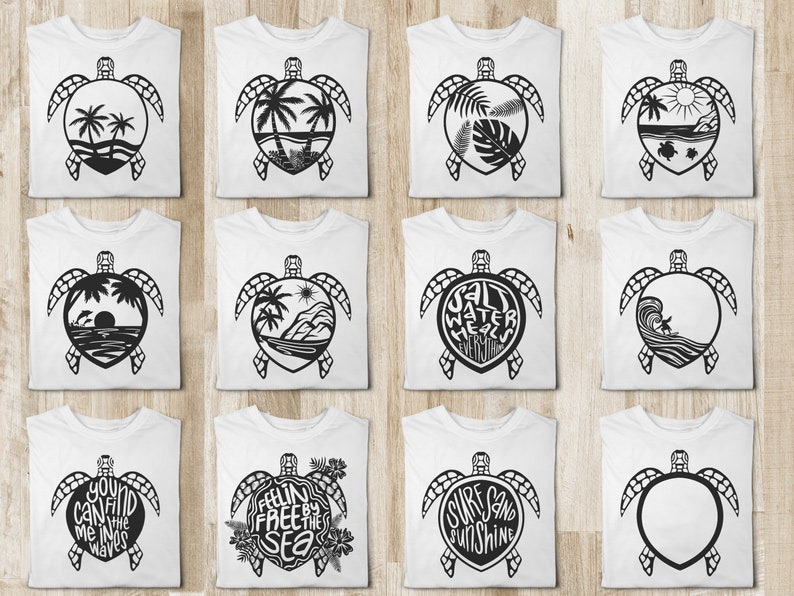 May include: Ten different designs for t-shirts featuring a black and white silhouette of a sea turtle with various beach-themed designs inside the shell. The designs include palm trees, waves, a sunset, a surfer, and text that says "Salt Water Heals Everything", "You Can Find Me In The Waves", "Feelin' Free By The Sea", and "Surf Sand Sunshine".