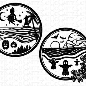 May include: Two black and white circular designs. The first design features a witch flying on a broomstick over a wavy ocean with a palm tree and a crescent moon. The second design features a wavy ocean with a sunset, a mountain, and three ghosts. There are also two hibiscus flowers and a palm leaf.