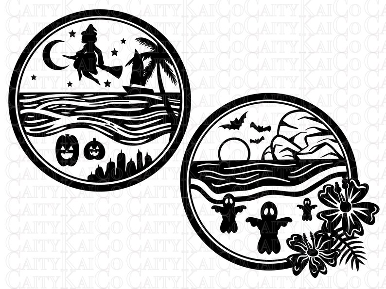 May include: Two black and white circular designs. The first design features a witch flying on a broomstick over a wavy ocean with a palm tree and a crescent moon. The second design features a wavy ocean with a sunset, a mountain, and three ghosts. There are also two hibiscus flowers and a palm leaf.