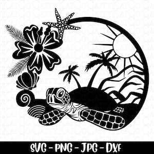 Zeeschildpad SVG, tropisch eiland strand scène SVG, strand SVG, gesneden bestand, DXF, PNG, schildpad shirt ontwerp, Instant Download bestand