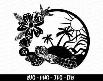 Tortuga marina svg, escena de playa de isla tropical svg, playa svg, archivo cortado, dxf, png, diseño de camisa de tortuga, archivo de descarga instantánea