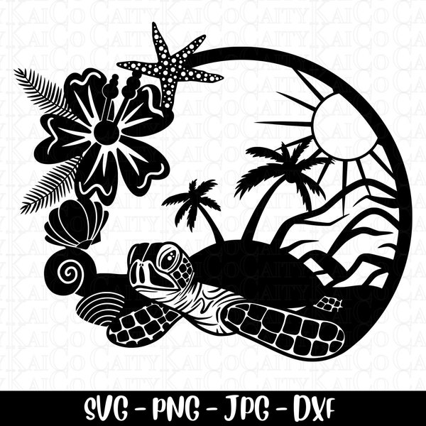 Sea turtle svg, tropical island beach scene svg, beach svg, cut file, dxf, png, turtle shirt design, instant download file