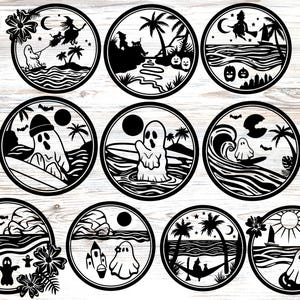 May include: Set of ten black and white Halloween themed SVG cut files. Each design features a different spooky scene with ghosts, palm trees, and waves.