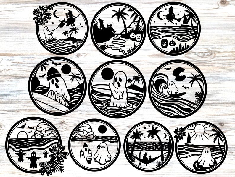 May include: Set of ten black and white Halloween themed SVG cut files. Each design features a different spooky scene with ghosts, palm trees, and waves.