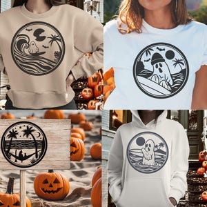 May include: Three different designs of sweatshirts featuring a ghost surfing on a wave with a palm tree and moon in the background. The designs are on a beige sweatshirt, a white t-shirt, and a gray hoodie.