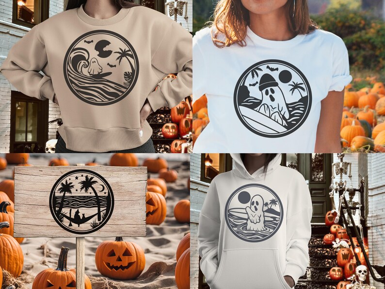 May include: Three different designs of sweatshirts featuring a ghost surfing on a wave with a palm tree and moon in the background. The designs are on a beige sweatshirt, a white t-shirt, and a gray hoodie.
