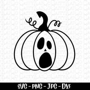 May include: Black and white line art illustration of a pumpkin with a ghost face. The pumpkin has a stem and a vine.