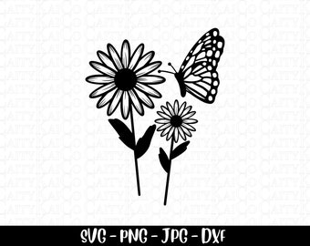 Daisy flower and butterfly svg, Daisy svg, butterfly svg, floral cut file, butterfly shirt design, dxf, png, jpg instant download file
