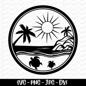 Beach SVG, sea turtle svg, palm tree svg, tropical island beach scene svg, cut file, dxf, png, shirt design, instant download file