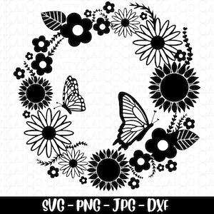 Butterfly and flower wreath svg, retro flower svg, butterfly svg, cut file, Daisy svg, dxf, png, floral shirt design, instant download file