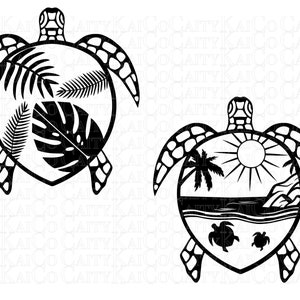 May include: Two black and white silhouette images of sea turtles. The first image shows a turtle with tropical leaves inside the shell. The second image shows a turtle with a beach scene inside the shell, including a palm tree, sun, ocean waves, and two smaller turtles.