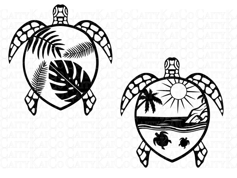 May include: Two black and white silhouette images of sea turtles. The first image shows a turtle with tropical leaves inside the shell. The second image shows a turtle with a beach scene inside the shell, including a palm tree, sun, ocean waves, and two smaller turtles.