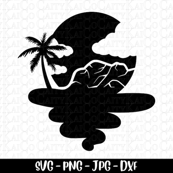 Tropical island mountain beach scene svg, beach svg, palm tree svg, cut file, dxf, png, Island shirt design, instant download file