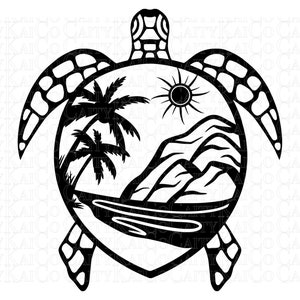 May include: Black and white silhouette of a sea turtle with a beach scene inside the shell. The scene includes palm trees, a sun, mountains, and a body of water.