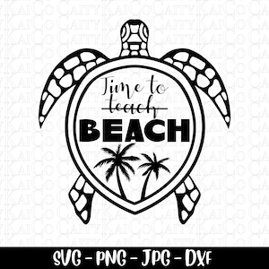 Può includere: Silhouette nera e bianca di una tartaruga con un cerchio al centro che dice "Time to teach BEACH". All'interno del cerchio ci sono palme.