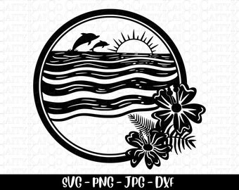 May include: Black and white silhouette design of two dolphins jumping out of the water with a sun and waves in the background.  Two black hibiscus flowers with green leaves are on the bottom right side of the design.