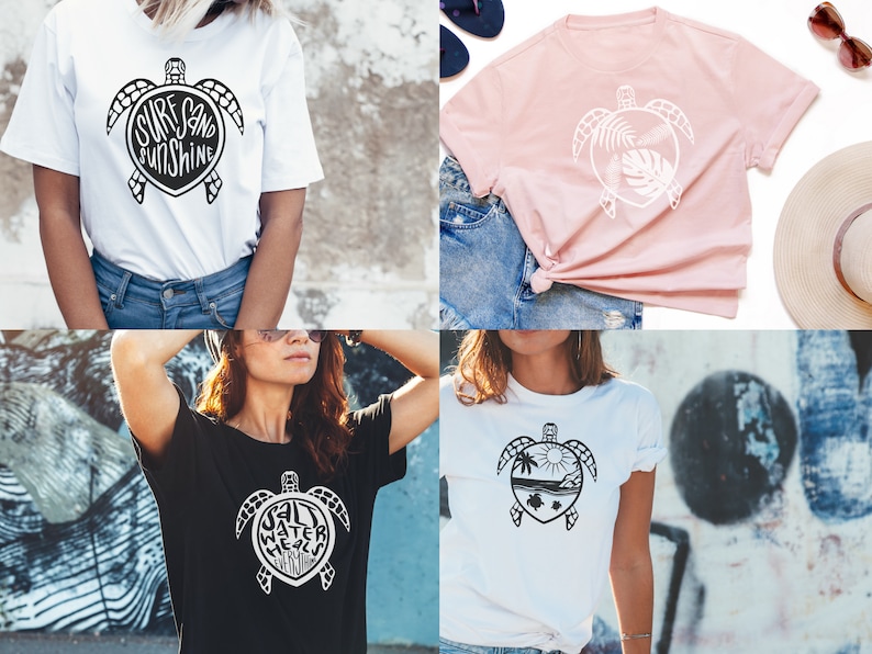 May include: Four different t-shirts featuring a sea turtle design. The first shirt is white with black text that says "Surf Sand Sunshine" inside the turtle shell. The second shirt is pink with a white turtle design with leaves inside the shell. The third shirt is black with white text that says "Salt Water Mermaid" inside the turtle shell. The fourth shirt is white with a black turtle design with a palm tree, sun, and waves inside the shell.