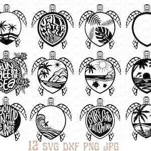 Paquete SVG de tortugas marinas de 12, playa de islas tropicales svg, dxf, png, diseños de camisas, archivos de descarga instantánea