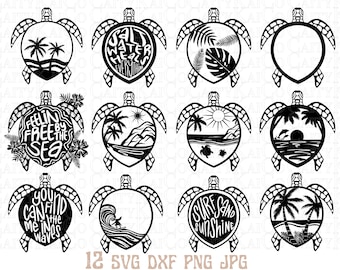 Paquete SVG de tortugas marinas de 12, playa de islas tropicales svg, dxf, png, diseños de camisas, archivos de descarga instantánea