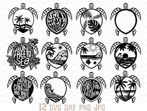 Sea turtle SVG bundle of 12, tropical island beach svg, dxf, png, shirt designs, instant download files