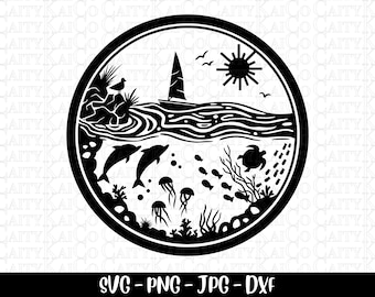 May include: Black and white silhouette design of a sailboat, seagulls, a turtle, and dolphins swimming in the ocean. The design is set within a circle.