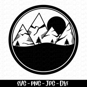 Montaña svg, escena de montaña svg, svg al aire libre, archivo de corte, diseño de camisa, montañas amanecer atardecer clipart, dxf, png, jpg, archivo de descarga instantánea