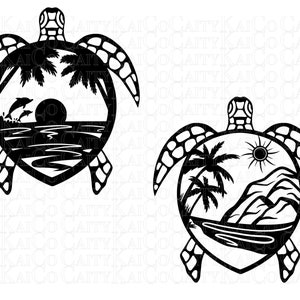 May include: Two black and white silhouette designs of a sea turtle with a beach scene inside the shell. The first design features a sunset, ocean waves, and two dolphins. The second design features a palm tree, sun, and a mountain range.