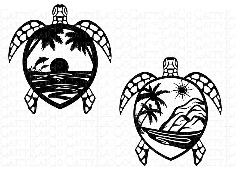 May include: Two black and white silhouette designs of a sea turtle with a beach scene inside the shell. The first design features a sunset, ocean waves, and two dolphins. The second design features a palm tree, sun, and a mountain range.