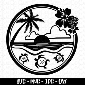 Beach SVG, sea turtle svg, palm tree svg, tropical island beach scene svg, cut file, dxf, png, shirt design, instant download file