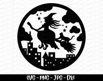 Fliegen Besenstiel Hexe SVG, Halloween svg, witchy svg, Hexe und schwarze Katze svg, Halloween-Shirt-Design, Herbstschnittdateien, png, Download-Dateien