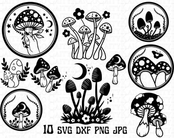 May include: A set of 10 black and white SVG, DXF, PNG, and JPG digital files featuring various mushroom illustrations. The designs include mushrooms with polka dots, crescent moons, and floral accents.