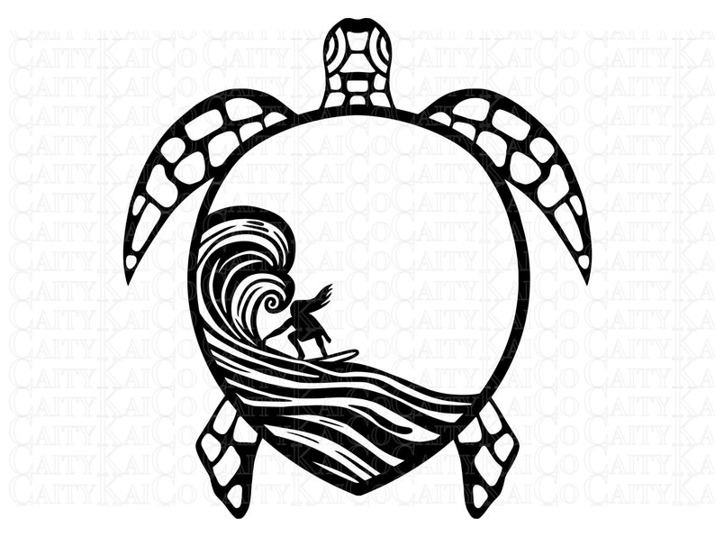 May include: Black and white silhouette of a sea turtle with a surfer riding a wave inside the turtle's shell.