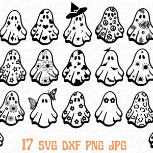 Ghost svg bundle of 17, Halloween svg bundle, Daisy ghost svg, retro flower svg, cute ghost svg, dxf, png, shirt design, download file
