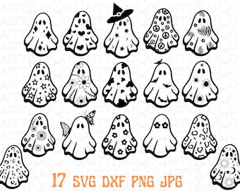 Ghost svg bundle of 17, Halloween svg bundle, Daisy ghost svg, retro flower svg, cute ghost svg, dxf, png, shirt design, download file