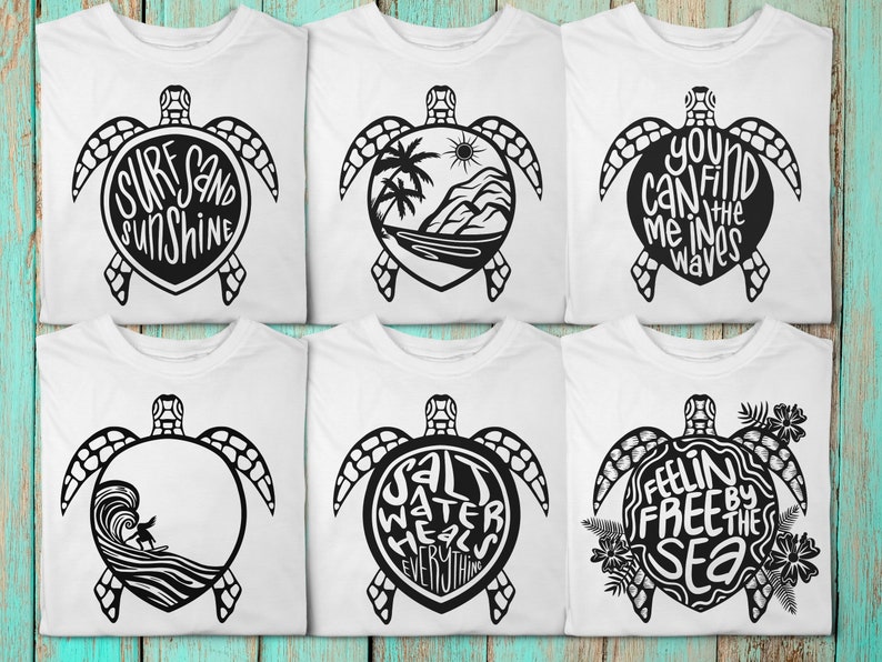 May include: Six white t-shirts with black turtle designs and text. The text on the shirts reads: "Surf Sand Sunshine", "You Can Find Me In The Waves", "Salt Water Heals Everything", "Feelin Free By The Sea".
