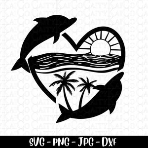 Delphin svg, Delphin Herz tropischen Strand Szene svg, Clipart, Strand svg, geschnitten Datei, dxf, png, Shirt Design, sofortiger download Datei
