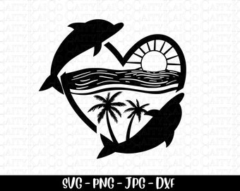 イルカ svg、イルカのハート トロピカル ビーチ シーン svg、クリップアート、ビーチ svg、カット ファイル、dxf、png、シャツ デザイン、インスタント ダウンロード ファイル