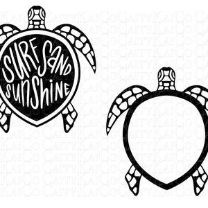 May include: Black and white silhouette of a turtle with a heart-shaped shell. The turtle's shell has the words "Surf Sand Sunshine" written inside. The second turtle is a blank silhouette.